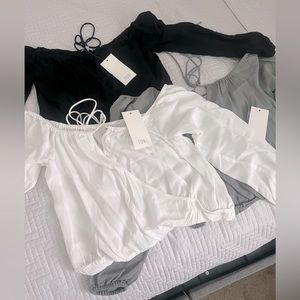 Tobi Black and White Off-Shoulder Blouses